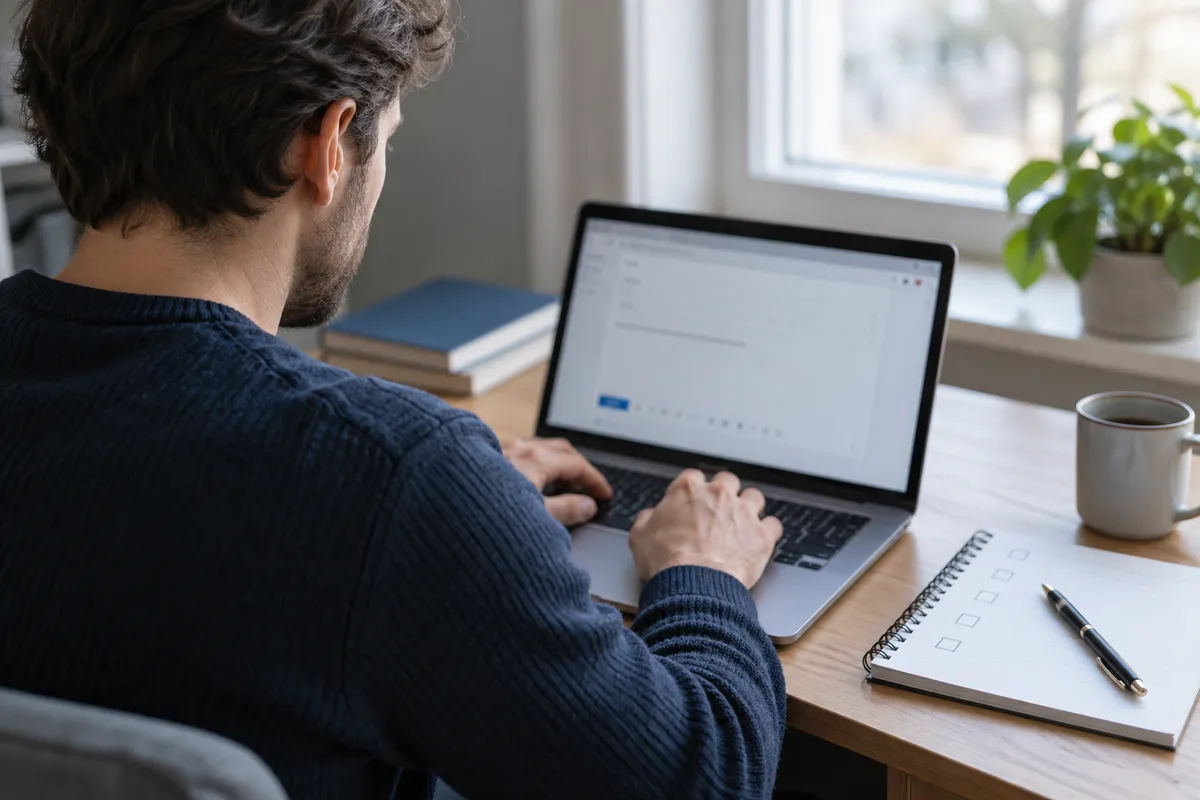 Person skriver ett mejl på datorn med en checklista bredvid