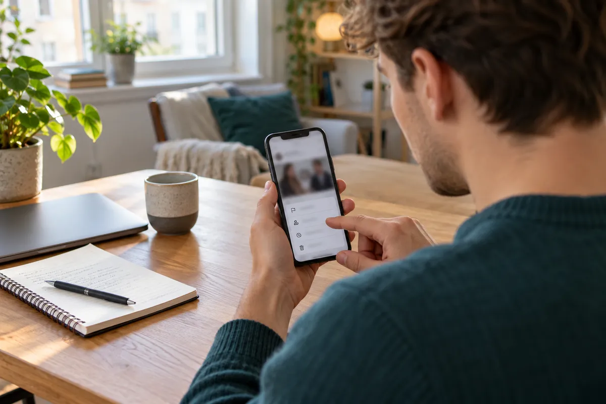 Person går igenom ett inlägg i mobilen med anteckningsbok bredvid