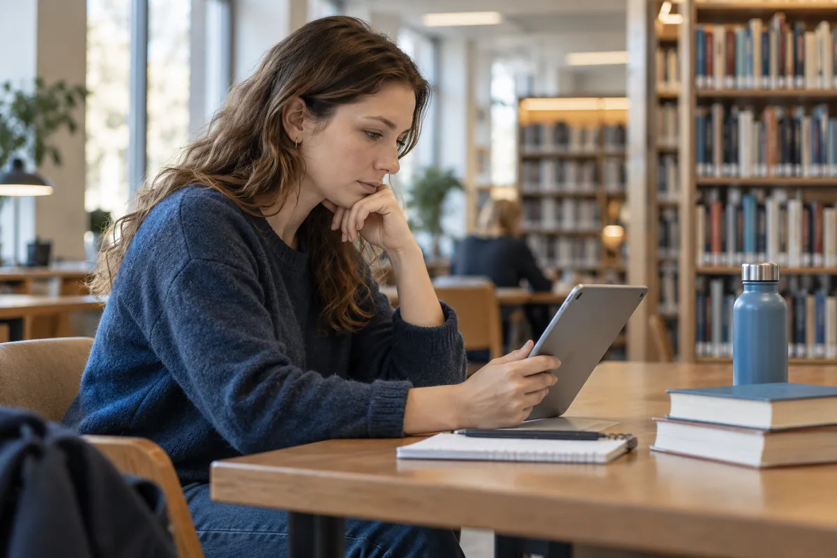 Kvinna söker information på en surfplatta i ett bibliotek
