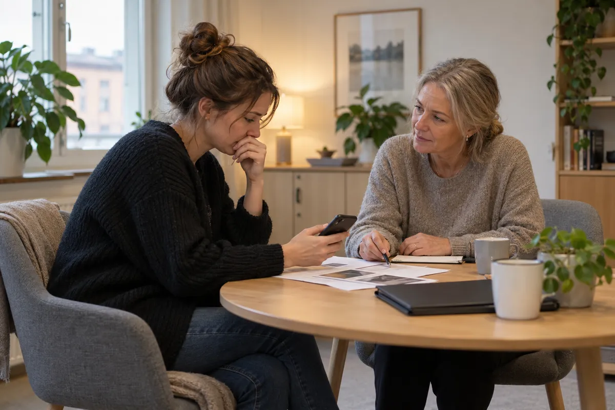Två kvinnor samtalar och går igenom dokument och en mobil vid ett bord